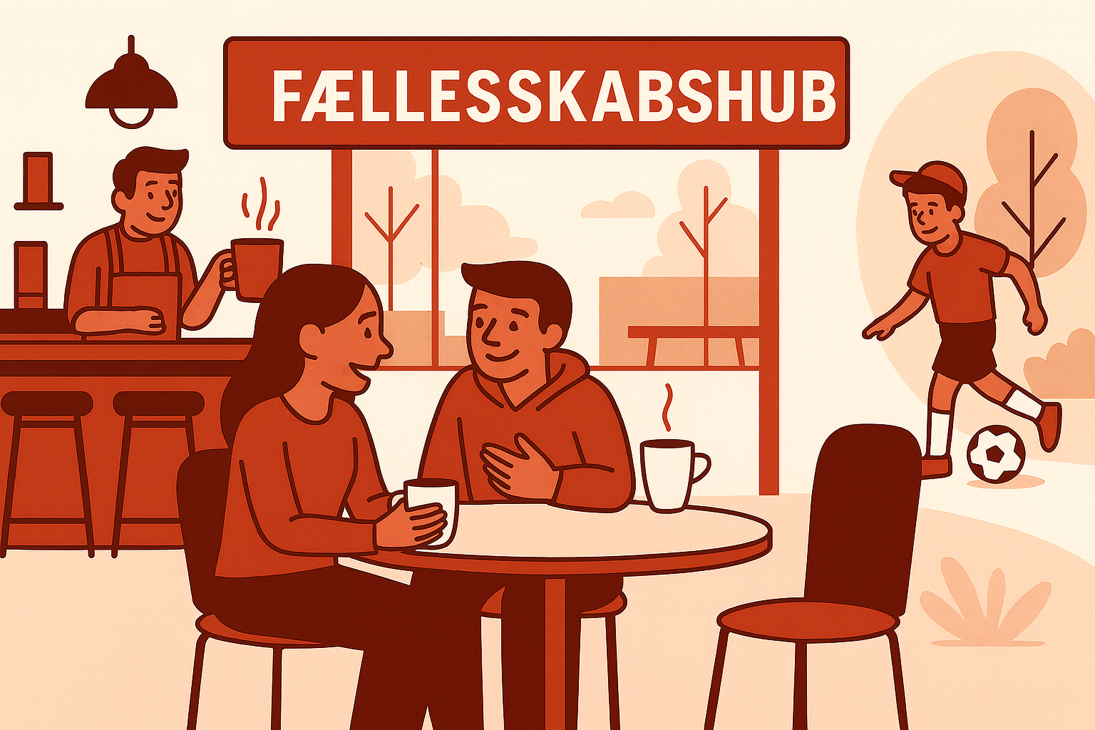 Illustration af fællesskabshub i Ballerup med mennesker i samtale, børn der leger og ældre, der mødes – John Slater