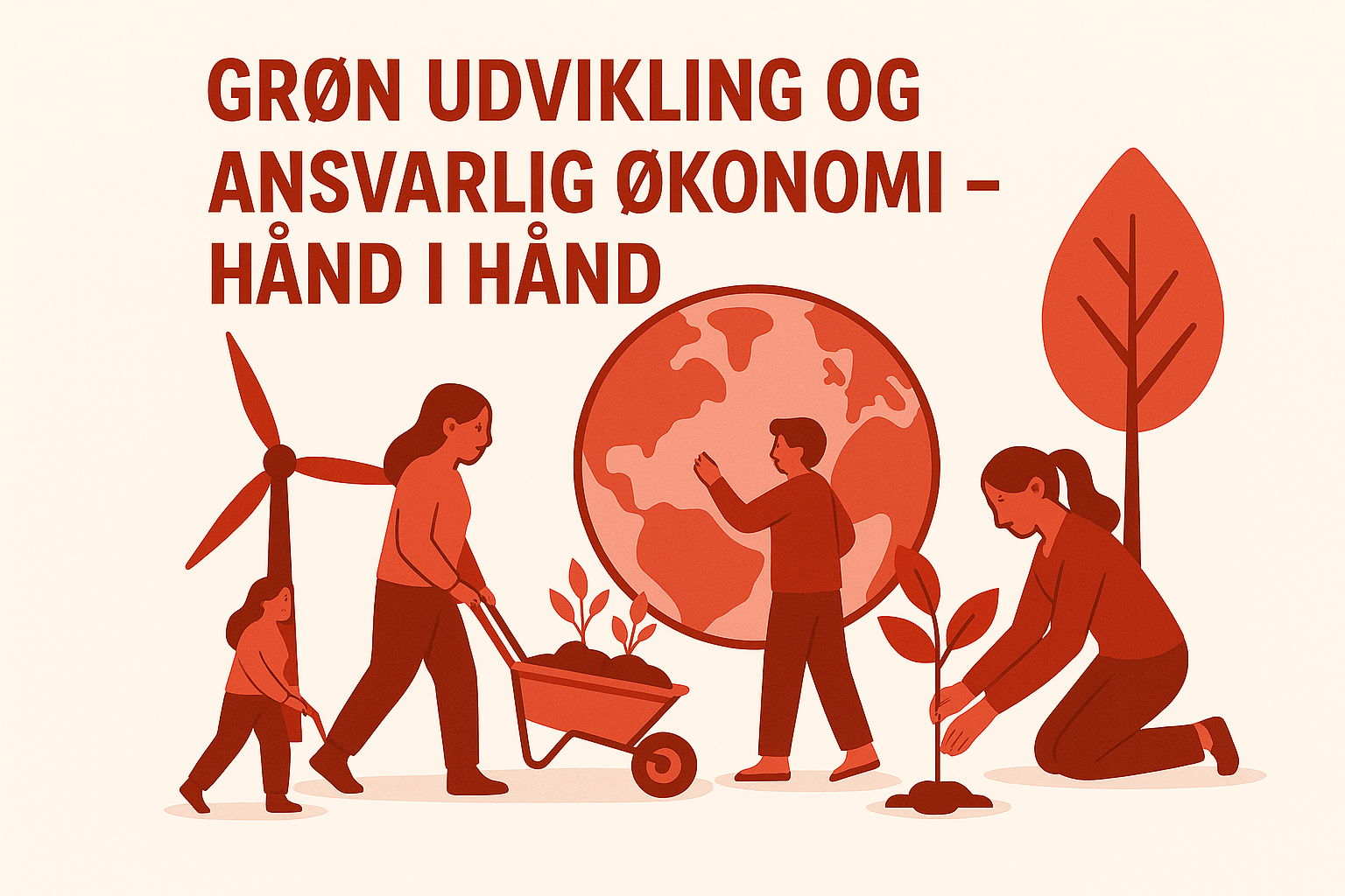 Illustration af grøn udvikling i Ballerup – mennesker planter træer foran en vindmølle og en jordklode, med teksten Grøn udvikling og ansvarlig økonomi – hånd i hånd. John Slater