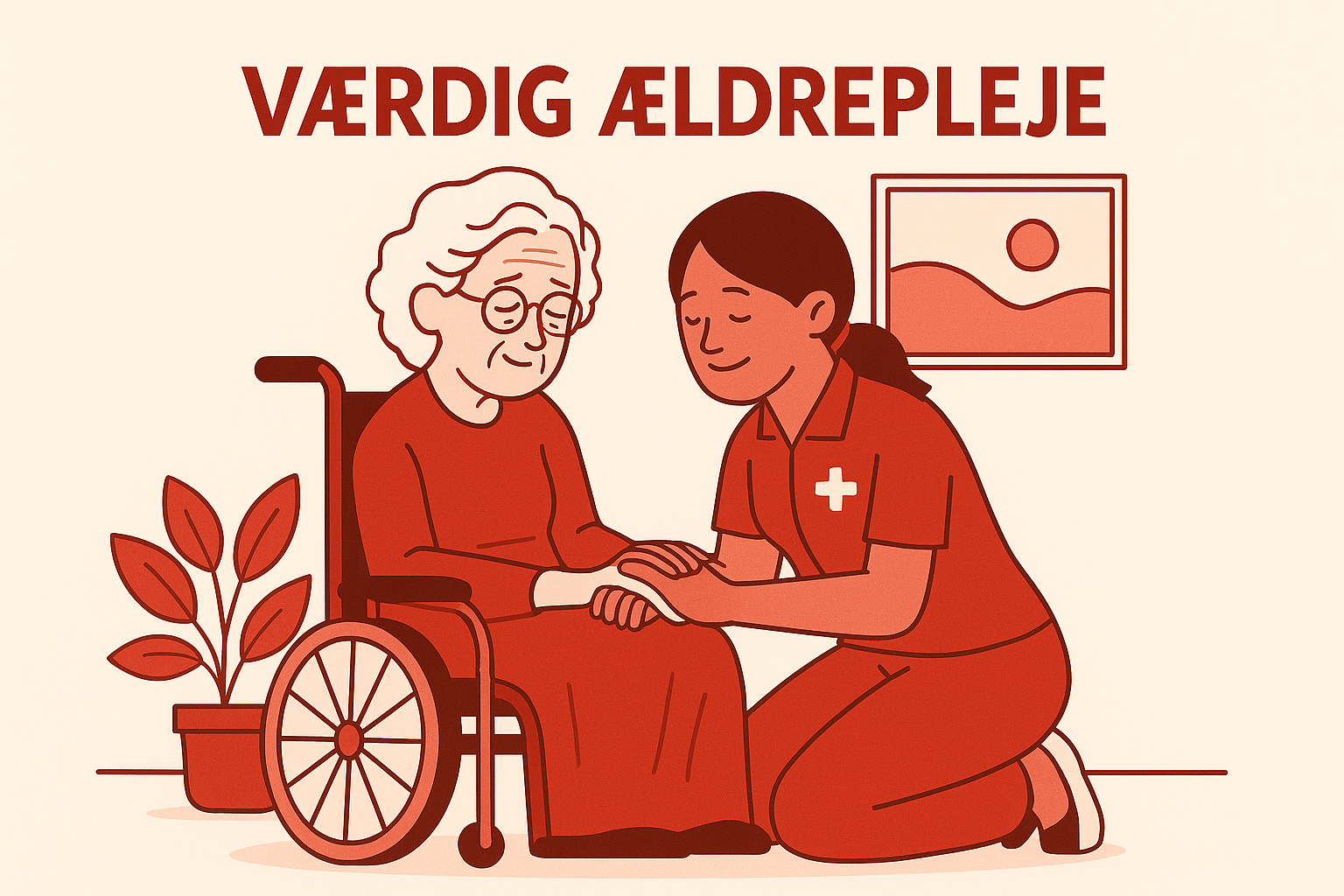 Illustration af værdig ældrepleje i Ballerup – en ældre kvinde i kørestol holder i hånd med en omsorgsfuld plejeperson, med teksten Værdig Ældrepleje. John Slater