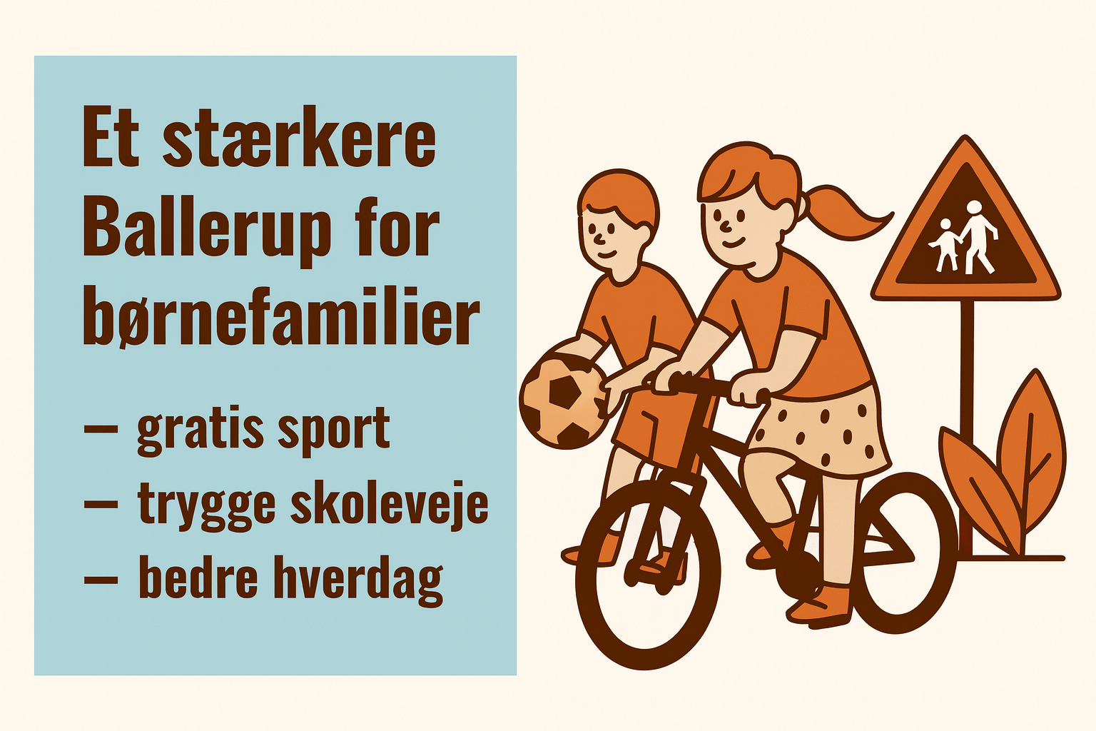 Børn cykler og leger med bold på en sikker skolevej i Ballerup – symbol på gratis sport, tryghed og fællesskab for børnefamilier.