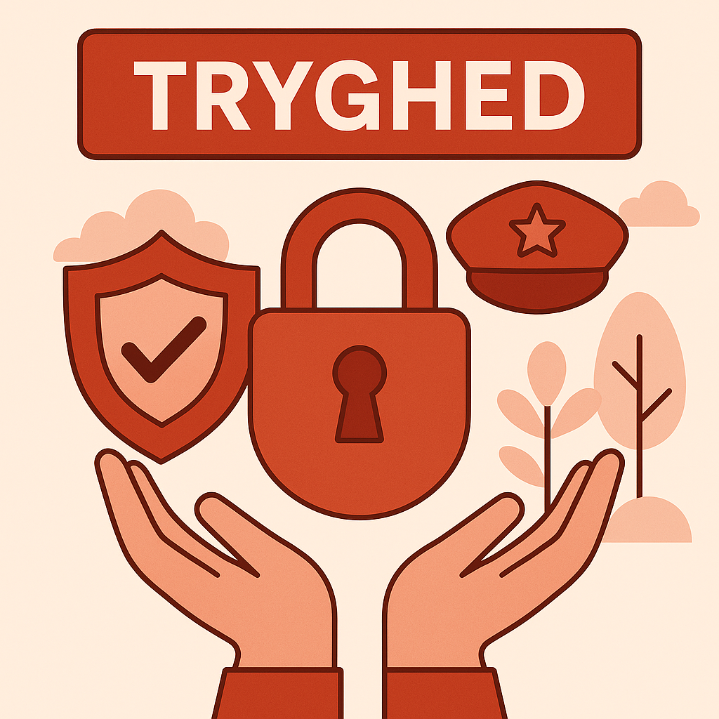 Grafisk illustration af tryghed med hængelås, skjold og hænder som symbol på sikkerhed og fællesskab i Ballerup.