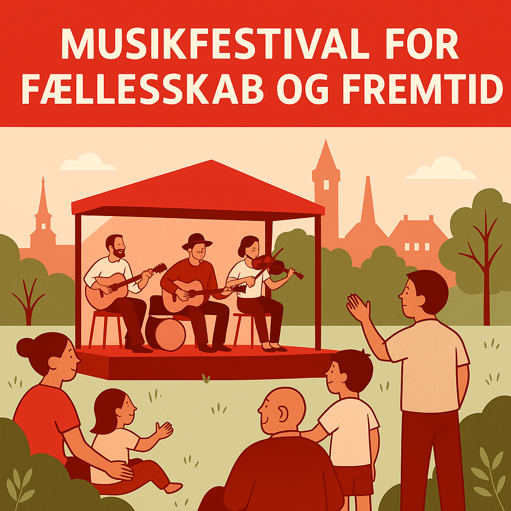 Flat illustration i Socialdemokratiets røde farver, der viser mennesker i alle aldre samlet til en musikfestival i Ballerup. Musikere spiller Americana, folk og indie på en grøn scene, mens familier og unge hygger sig. En vision for fællesskab, kultur og bæredygtig udvikling i Ballerup, Måløv og Skovlunde præsenteret af John Slater fra Socialdemokratiet.