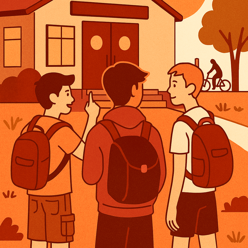 Illustration af tre unge foran en fællesskabshub i Ballerup – symbol på tryghed, fællesskab og forebyggelse af bandekriminalitet.