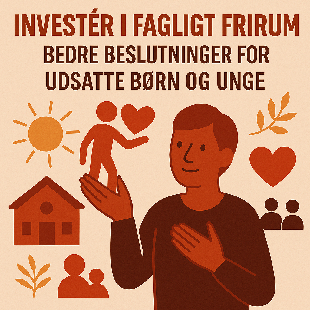 Illustration af en voksen, der løfter et barn-ikon og et hjerte, omgivet af skole, sol og fællesskabssymboler – tema: fagligt frirum for udsatte børn og unge.